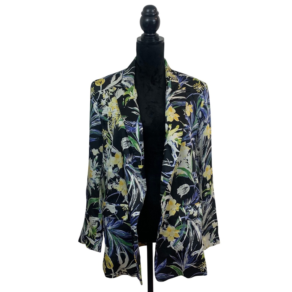 Zara Basic Womens M Tropical Floral Bloomcore Garden Blazer Black Yellow‎ Green